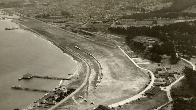 Historical aerial of Crissy Field during its years as a military airfield.