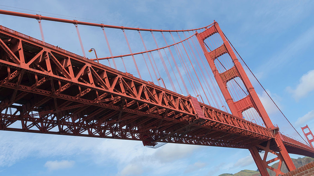The Golden Gate Bridge seen from below.
