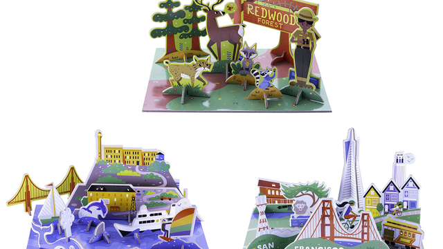 Pop-Out and Play sets featuring a redwood forest and San Francisco landmarks.