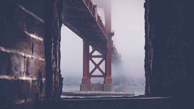 Golden Gate Bridge through an old window