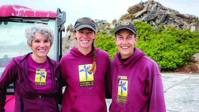 Shelagh Fritz, center, is Program Manager for Alcatraz Historic Gardens at the Parks Conservancy.
