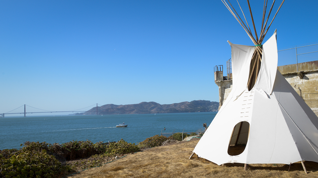 Tipi on Alcatraz with Golden Gate Bridge in background