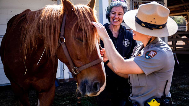 Lainie Motamedi and Park Ranger Katlyn Grubb at the Horse Mounted Patrol Stables in the Marin Headlands.