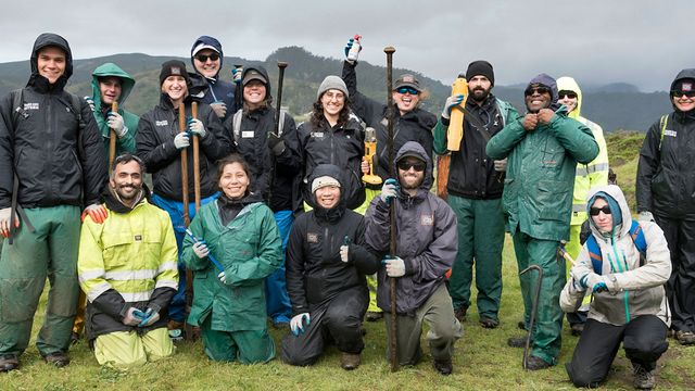 A group photo of Parks Conservancy staff volunteers in the Marin Headlands.