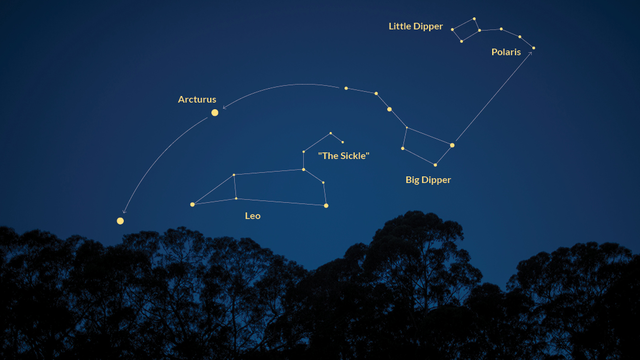 Graphic shows constellations that can be seen from the GGNRA: Arcturus, Leo, The Sickle, Big Dipper, Little Dipper, Polaris.