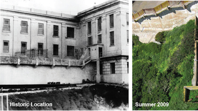 Historic and modern photo comparisons of the Alcatraz Historic Gardens rainwater catchment system