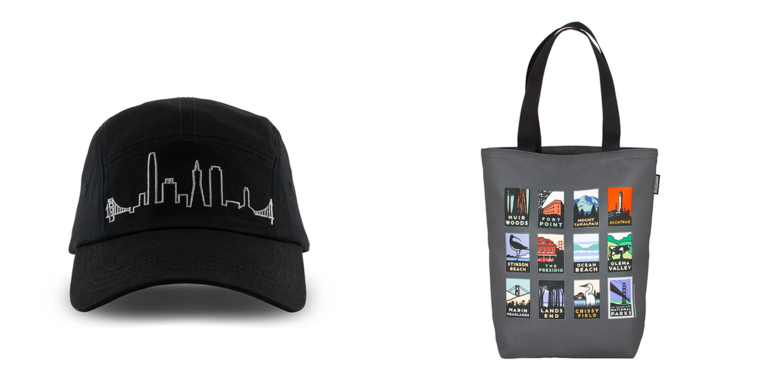Hat with San Francisco skyline and tote bag with several park images.