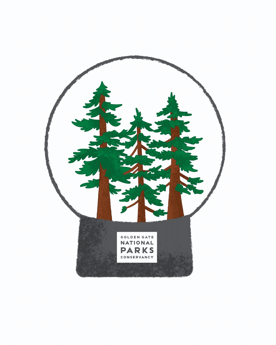 Graphic shows snow globe with redwoods