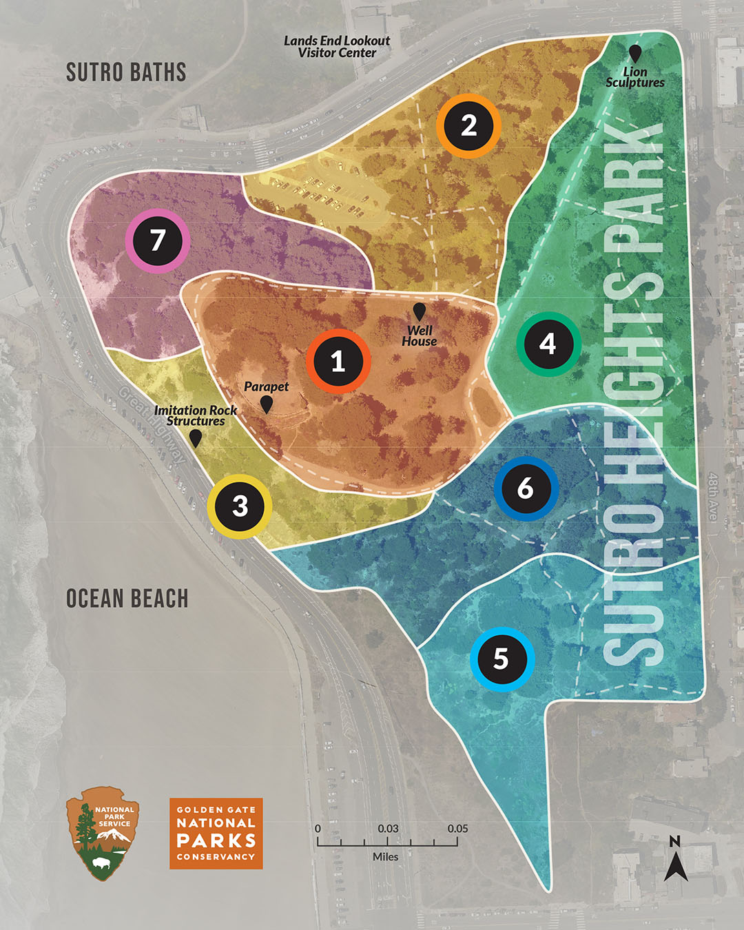 Map of seven tree management zones at Sutro Heights Park