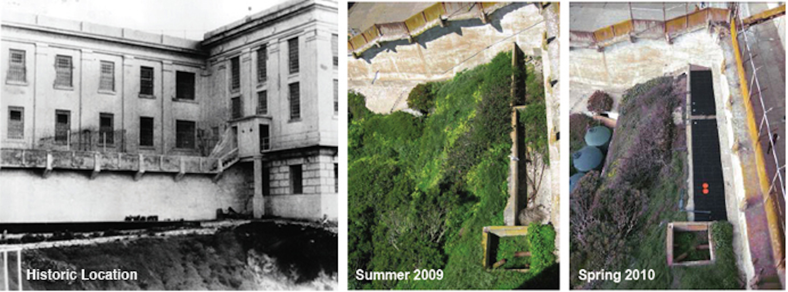 Historic and modern photo comparisons of the Alcatraz Historic Gardens rainwater catchment system
