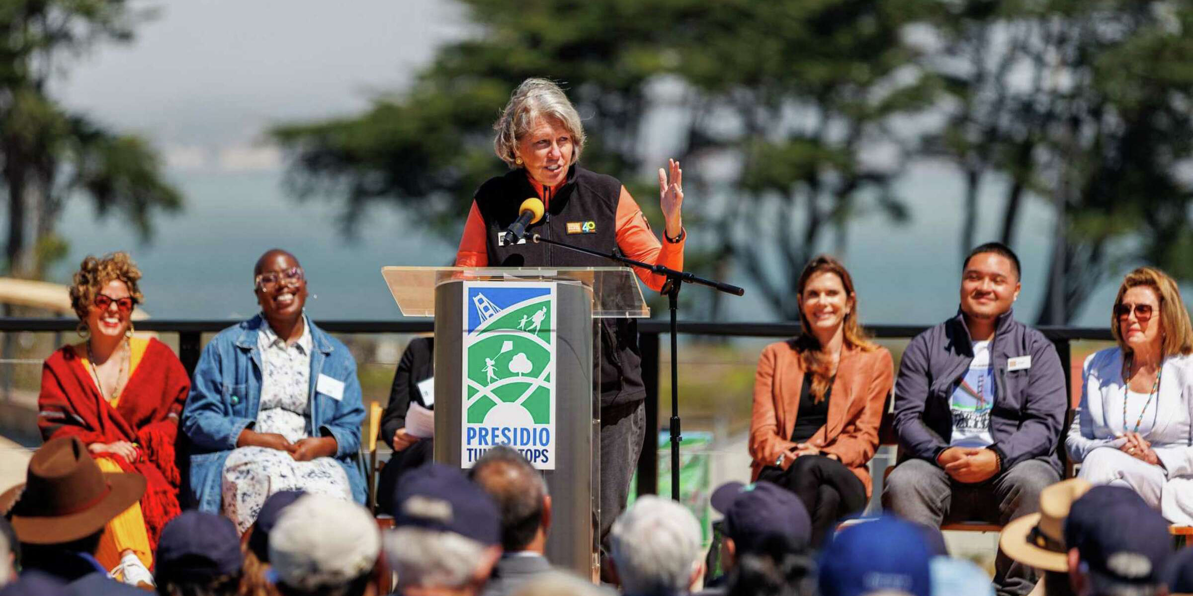 Christine Lehnertz, president and CEO of the Golden Gate National Parks Conservancy, speaks at the ribbon cutting ceremony for the Presidio Tunnel Tops.