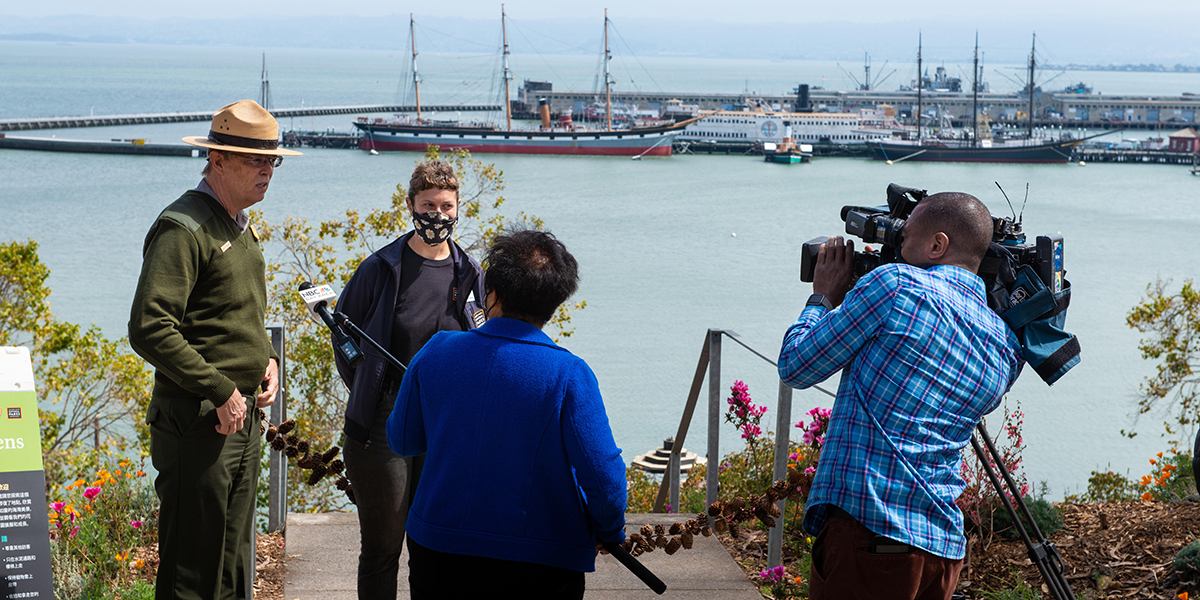 Press interview NPS and Parks Conservancy staff at the opening of Black Point historic gardens.