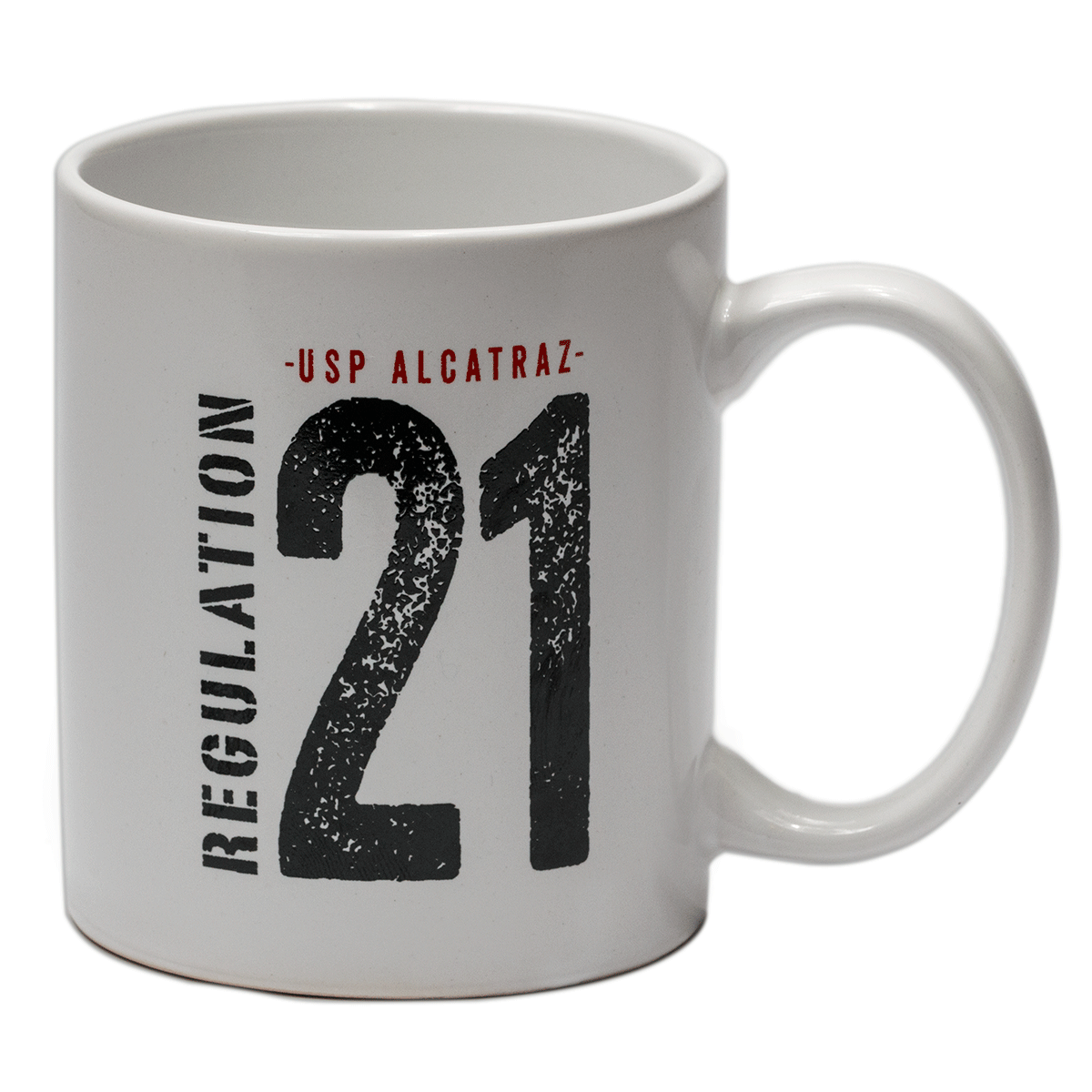 Mug with Alcatraz Regulation 21 text
