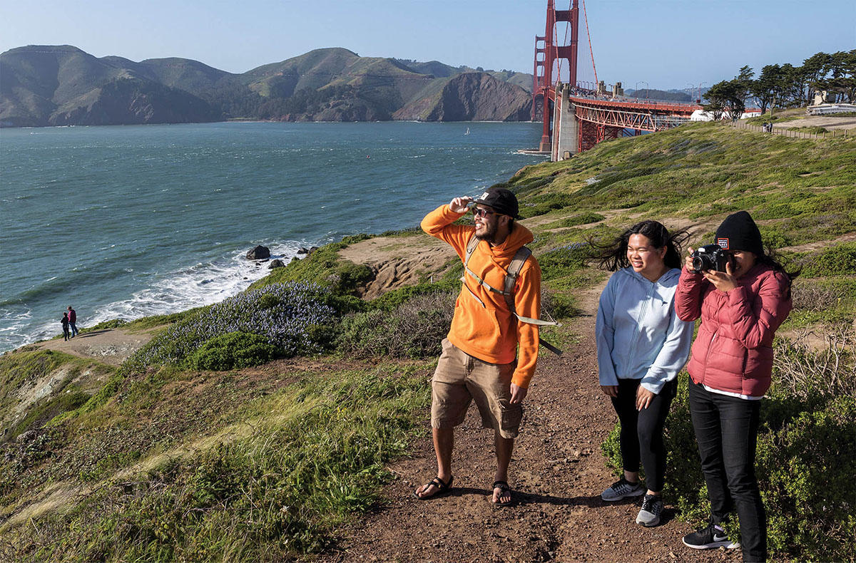Hiking at the Golden Gate Overlook near the Golden Gate Bridge.