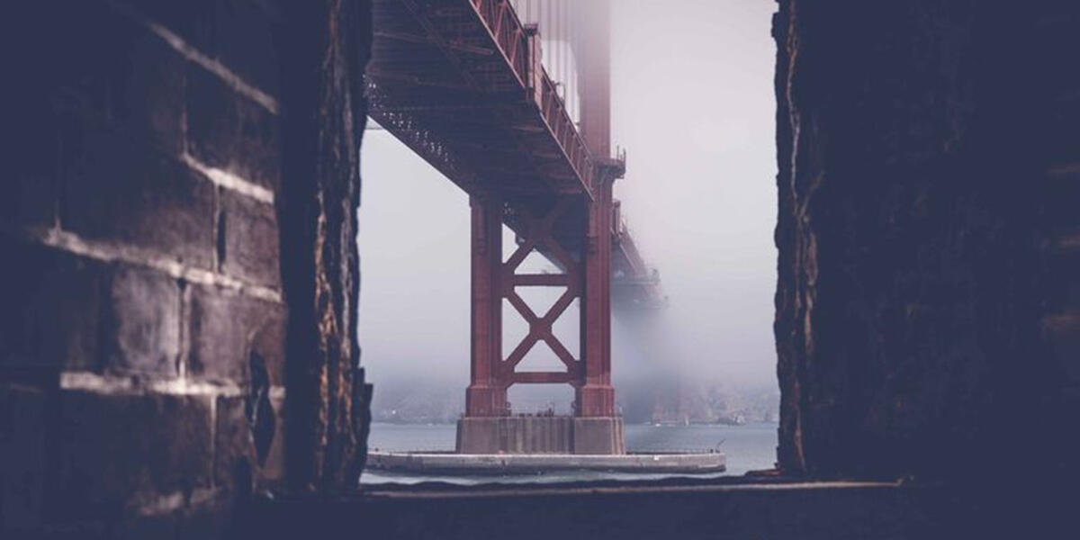 Golden Gate Bridge through an old window