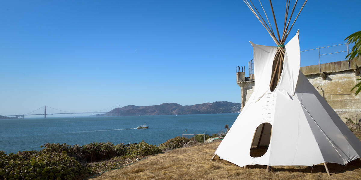 Tipi on Alcatraz with Golden Gate Bridge in background