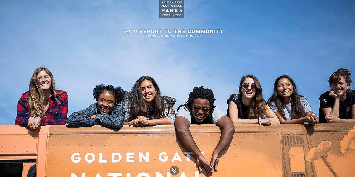 Cover of the Golden Gate National Parks Conservancy's 2019 Report to the Community: 'Bridging People and Parks'