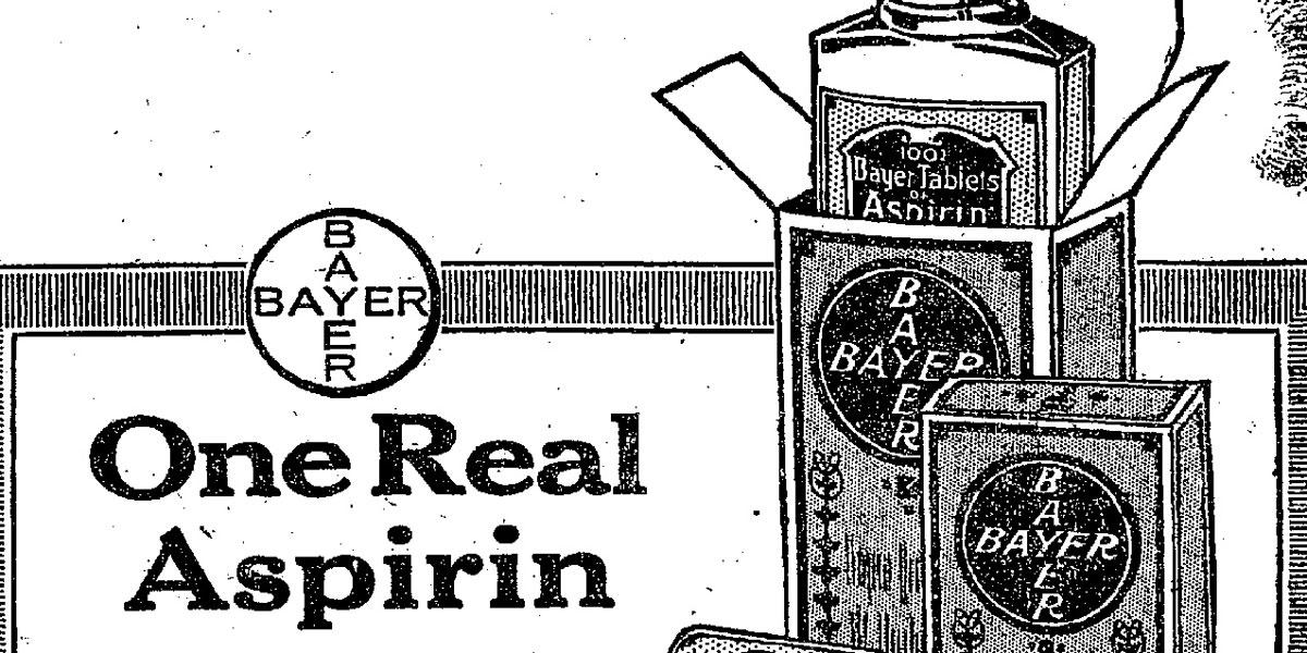 One of the first advertisements for Bayer Aspirin aimed at American consumers, just before the U.S. patent for aspirin was to expire.