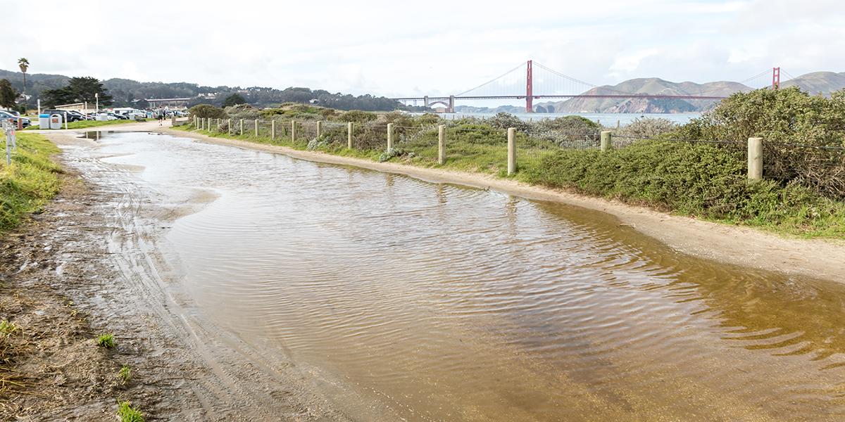 Water pooling on path along East Beach near Crissy Field Center