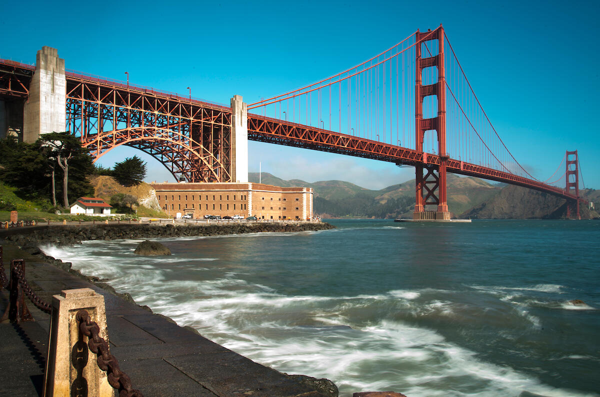 Span of the Golden Gate Bridge over the entrance to the Bay.