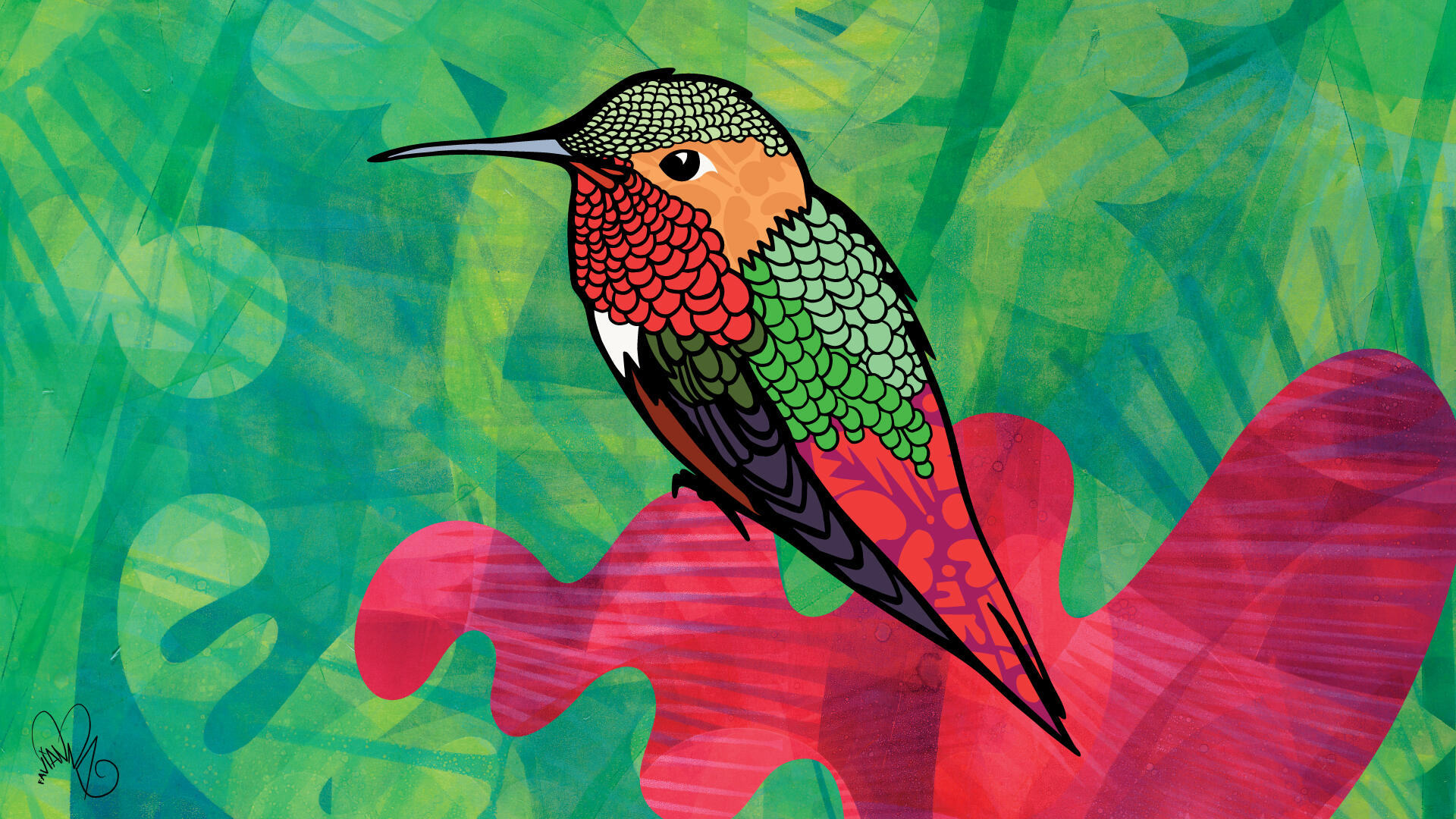 Artwork of an Anna's hummingbird from artist Favianna Rodriguez