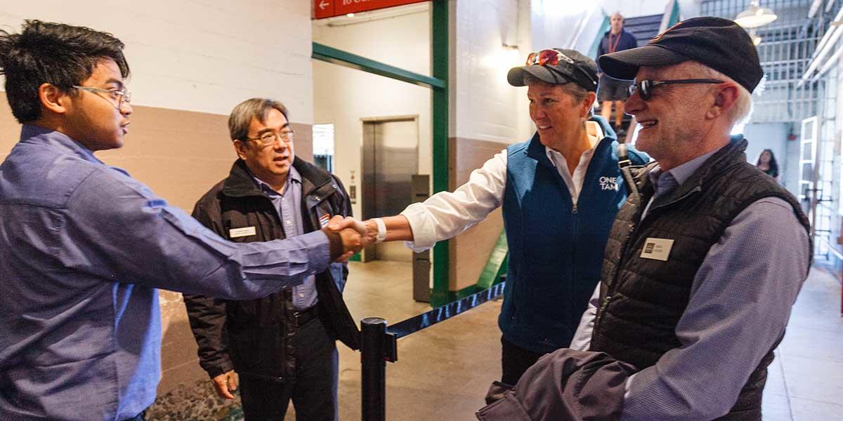 Incoming Golden Gate National Parks Conservancy President & CEO Christine Lehnertz meets with staff on Alcatraz Island.