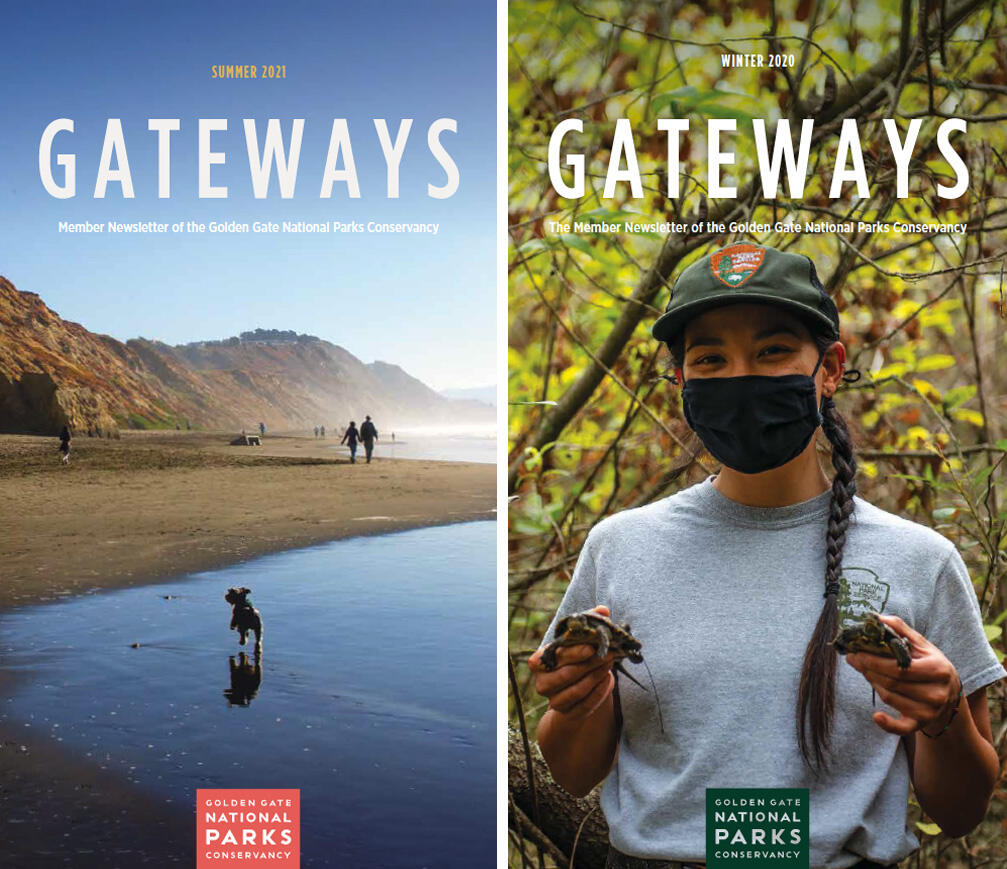 Covers of quarterly Gateways newsletter, covering national parks in San Francisco Bay Area.