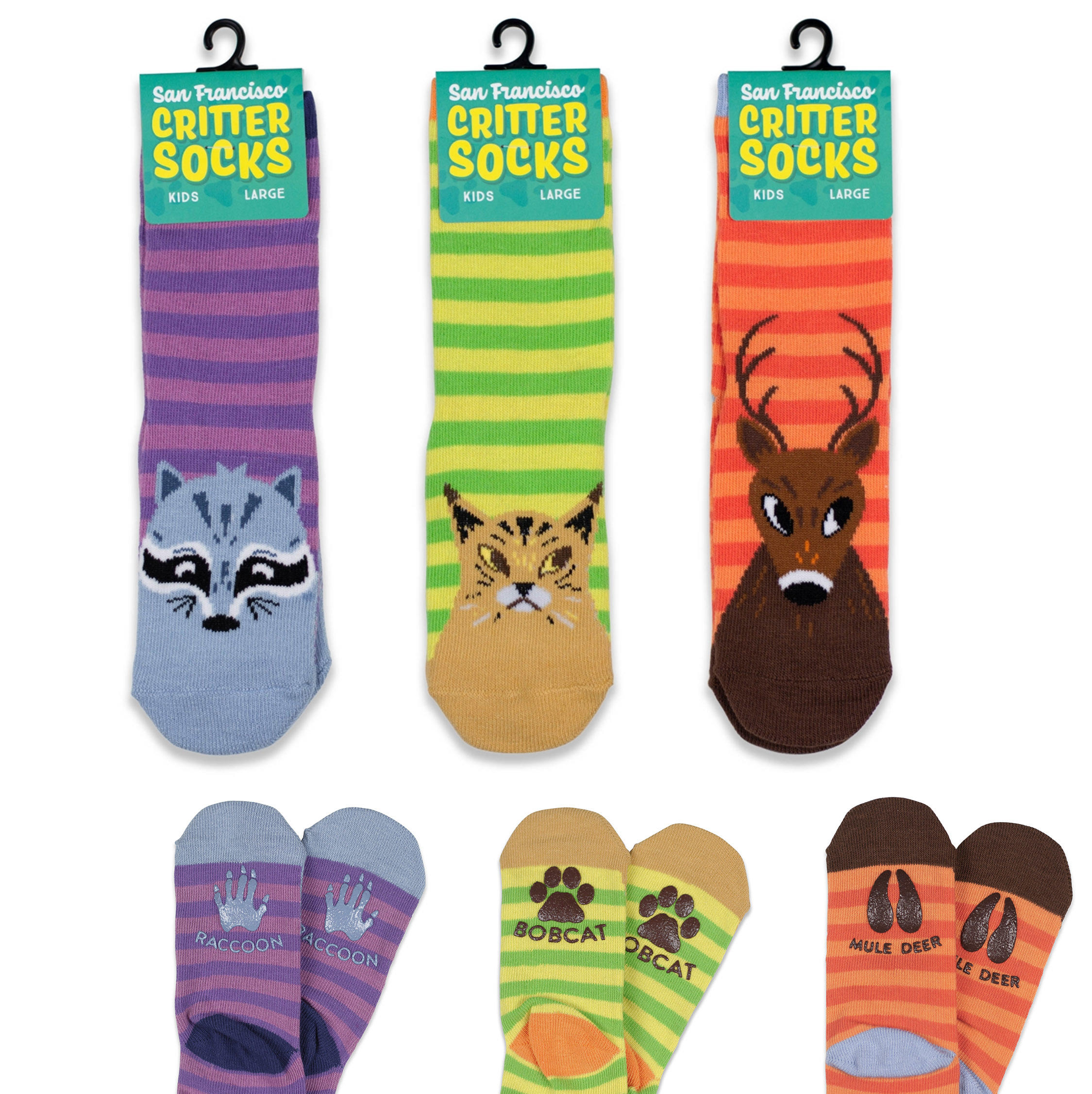 San Francisco Critter Socks, from left: raccoon, bobcat, mule deer.