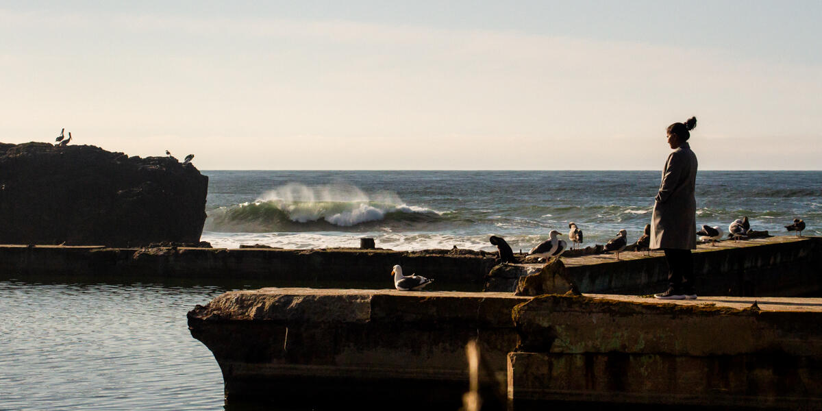 A park visitor looks out across the Sutro Bath ruins at Lands End. A wave breaks alongside the ocean rocks and birds in the background.