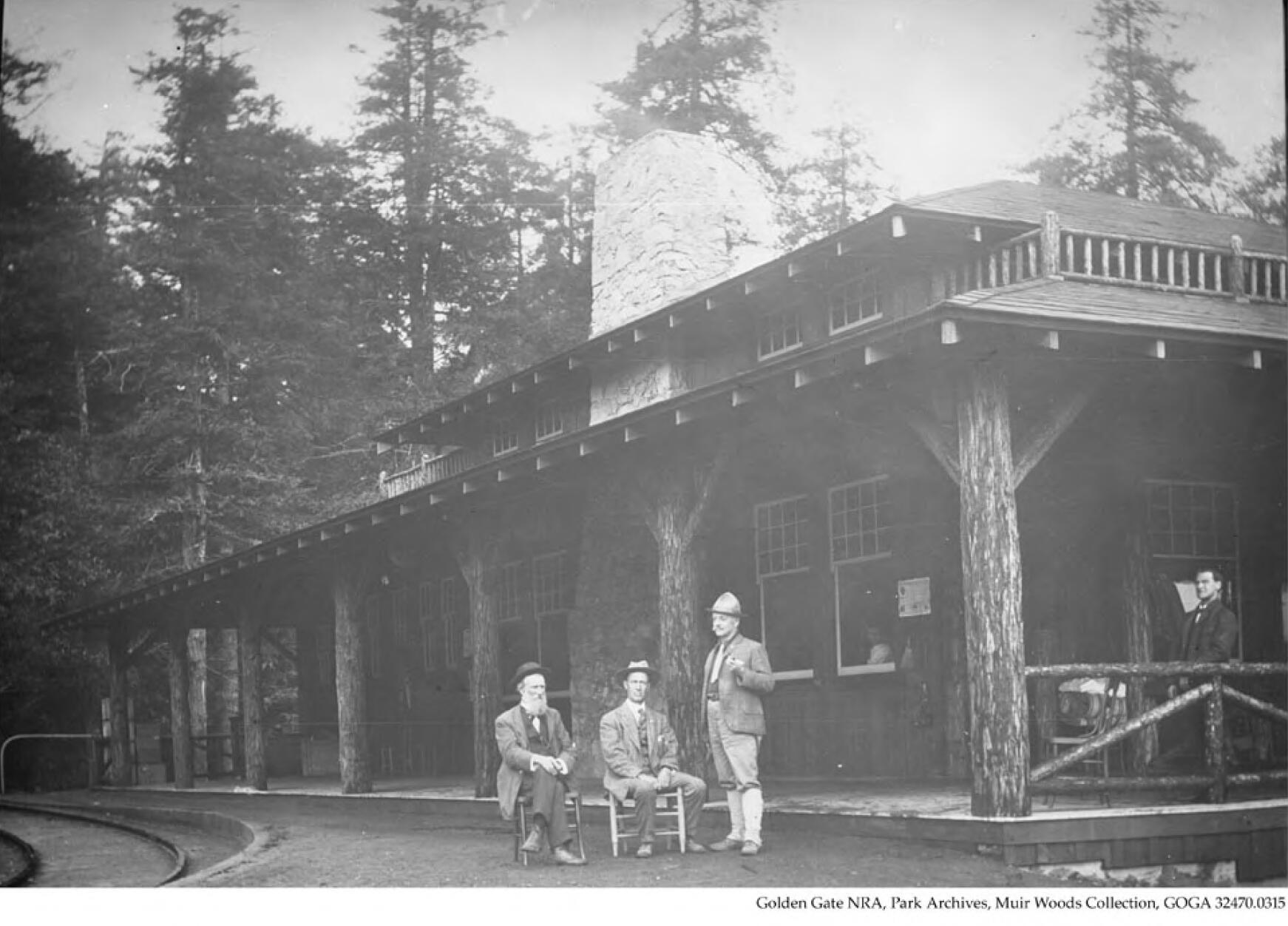 John Muir, William Kent, and J.H. Cutter at Muir Inn on Mt. Tamalpais