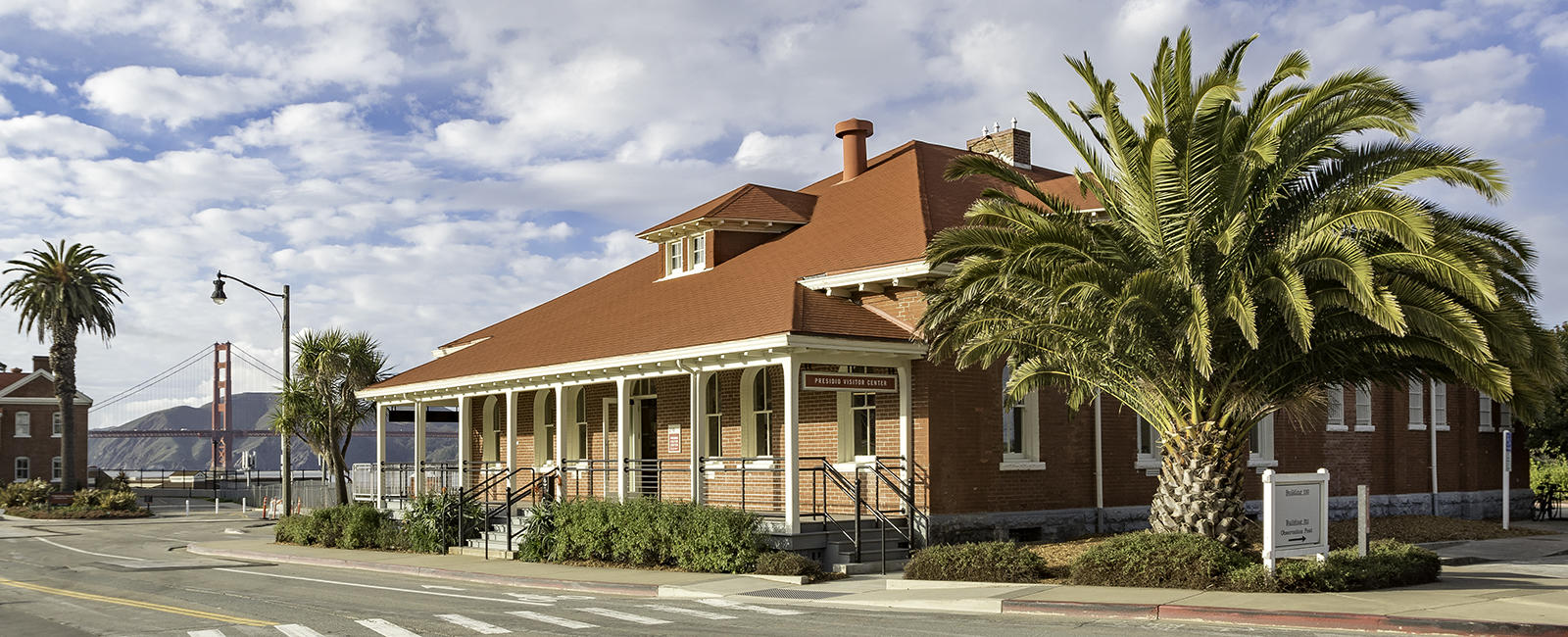 Visitor Center building, with the Golden Gate Bridge in the background