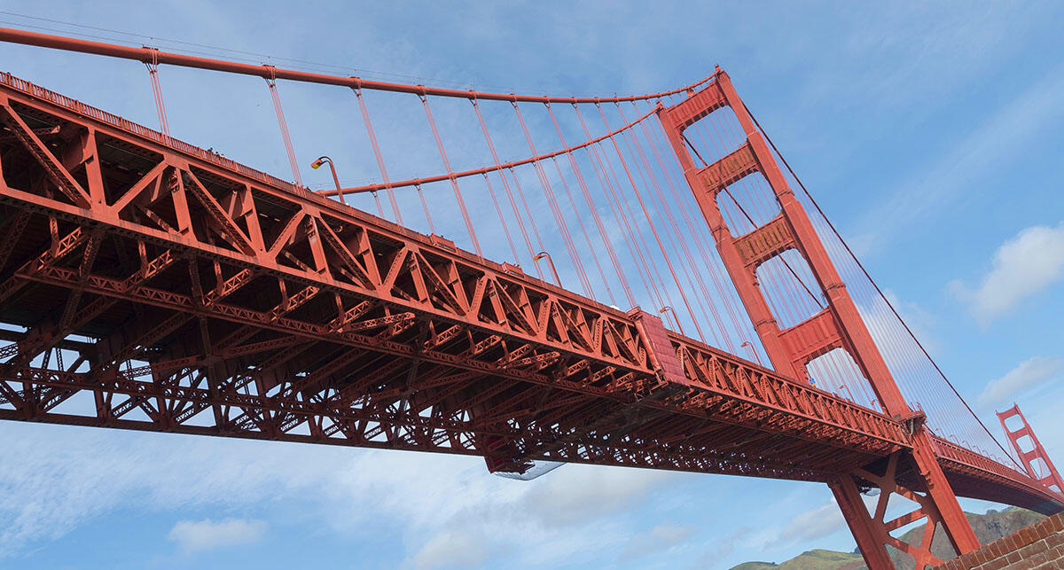 The Golden Gate Bridge seen from Fort Point National Historic Site. The Golden Gate Bridge seen from below.