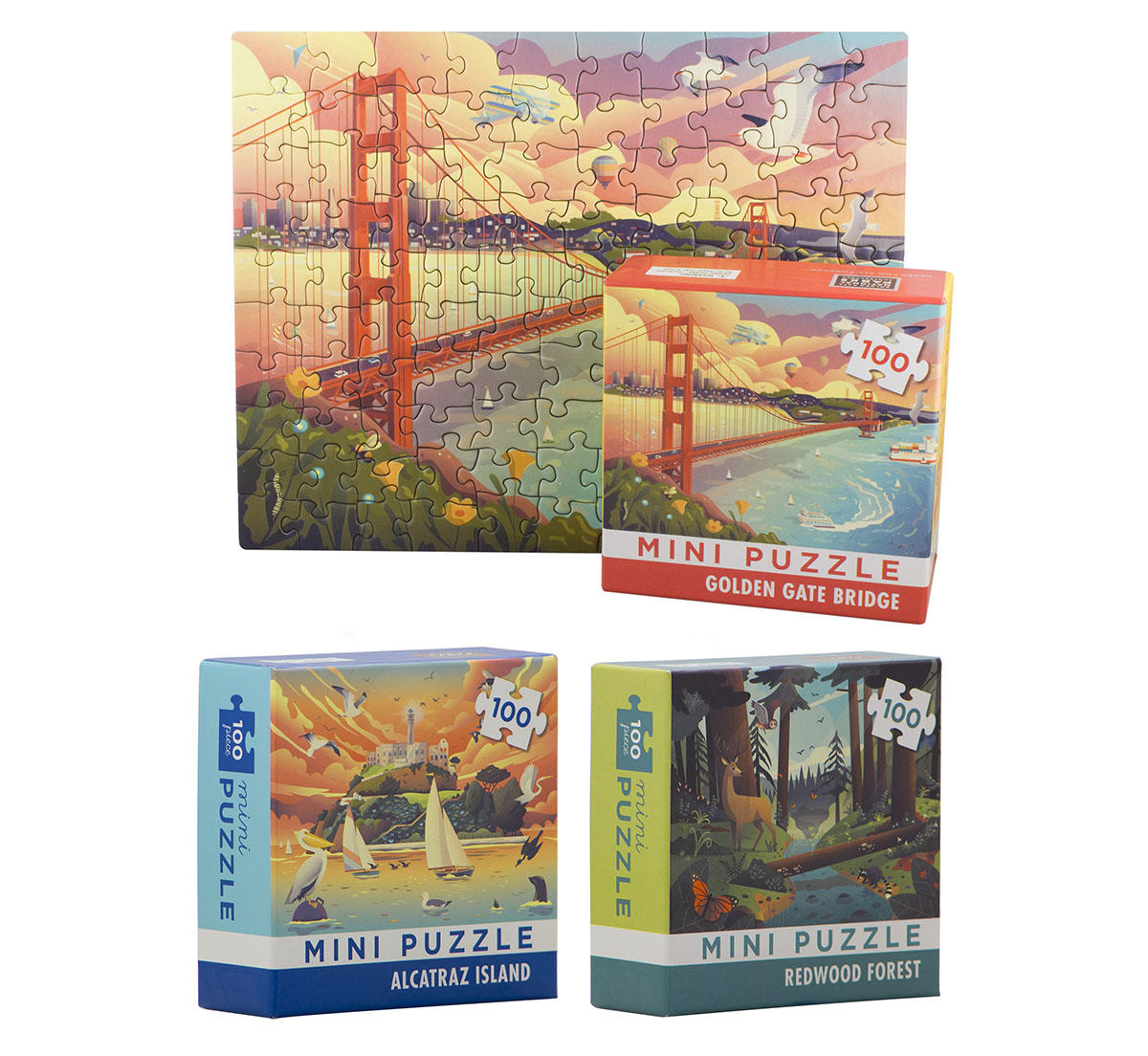 Mini puzzles featuring San Francisco landmarks, Alcatraz, and a redwood forest.