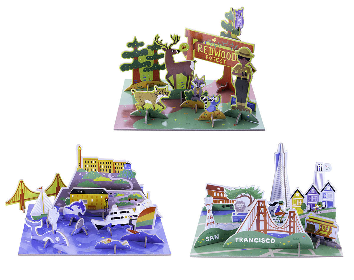 Pop-Out and Play sets featuring a redwood forest and San Francisco landmarks.