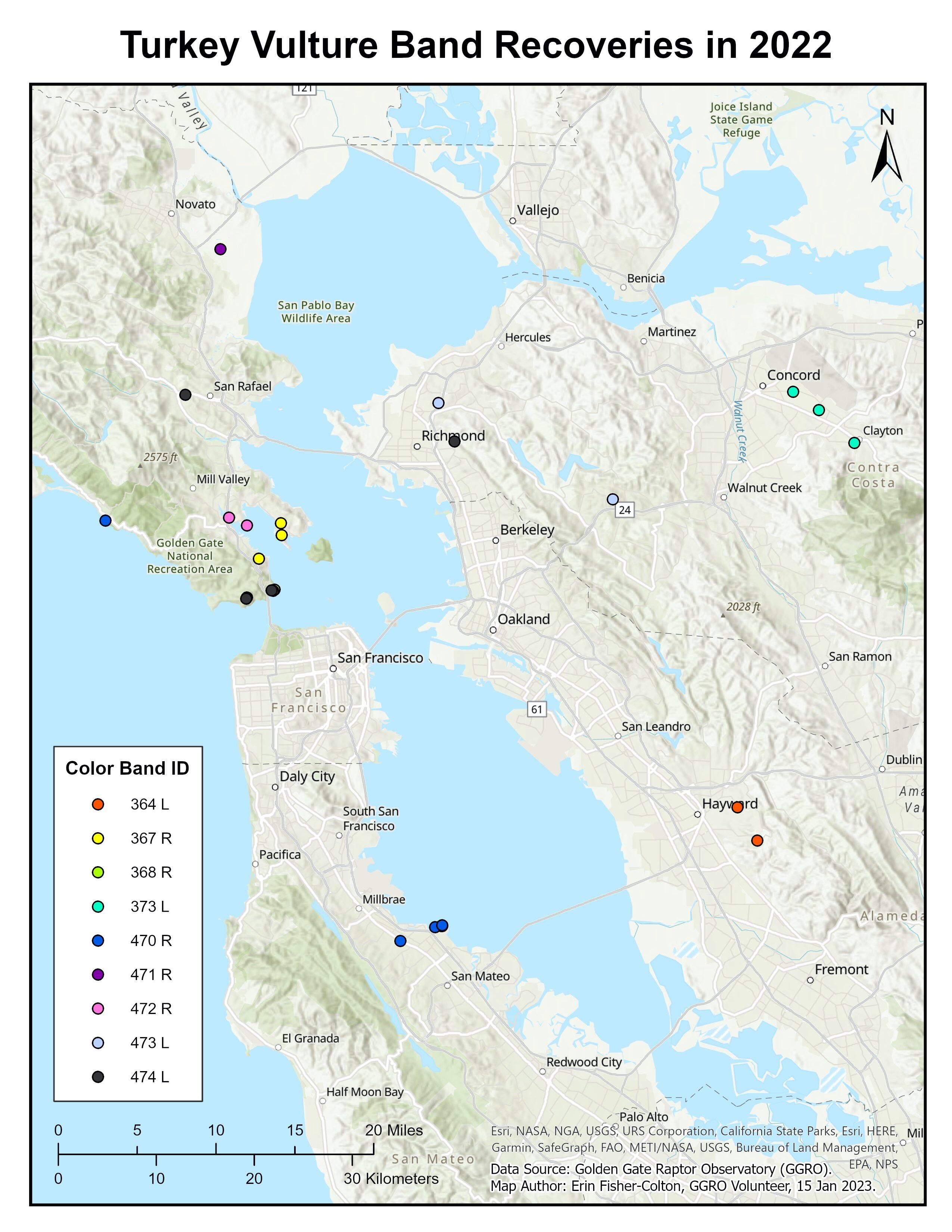 Map of the Bay Area with various points marking where turkey vultures bands were recovered. 