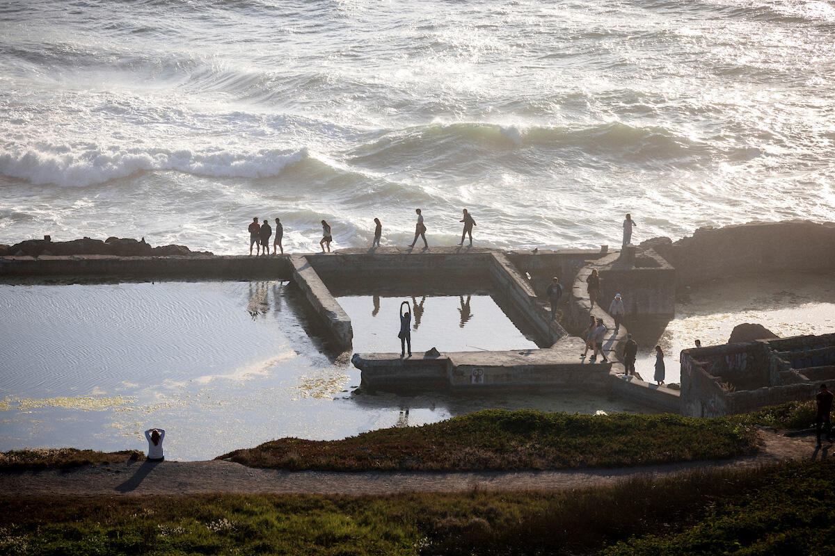 Visitors recreating in the Sutro Baths ruins Visitors recreating in the Sutro Baths ruins