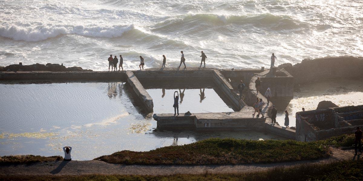 Visitors recreating in the Sutro Bath ruins