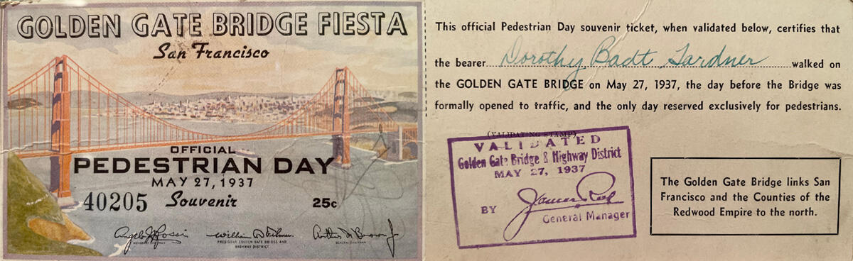 Image of ticket from Golden Gate Bridge opening day in 1937.
