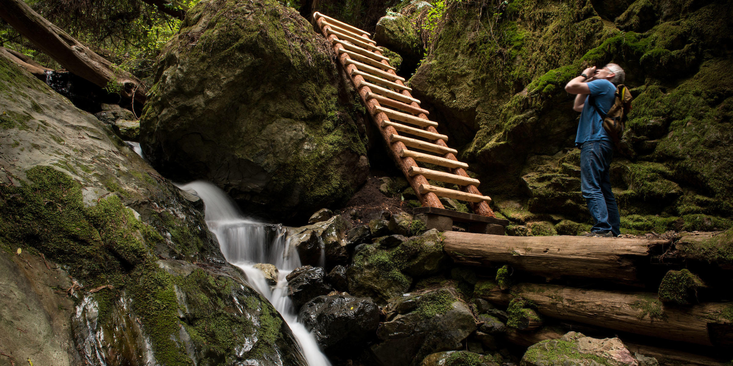 Photographer and Waterfall on Steep Ravine Trail