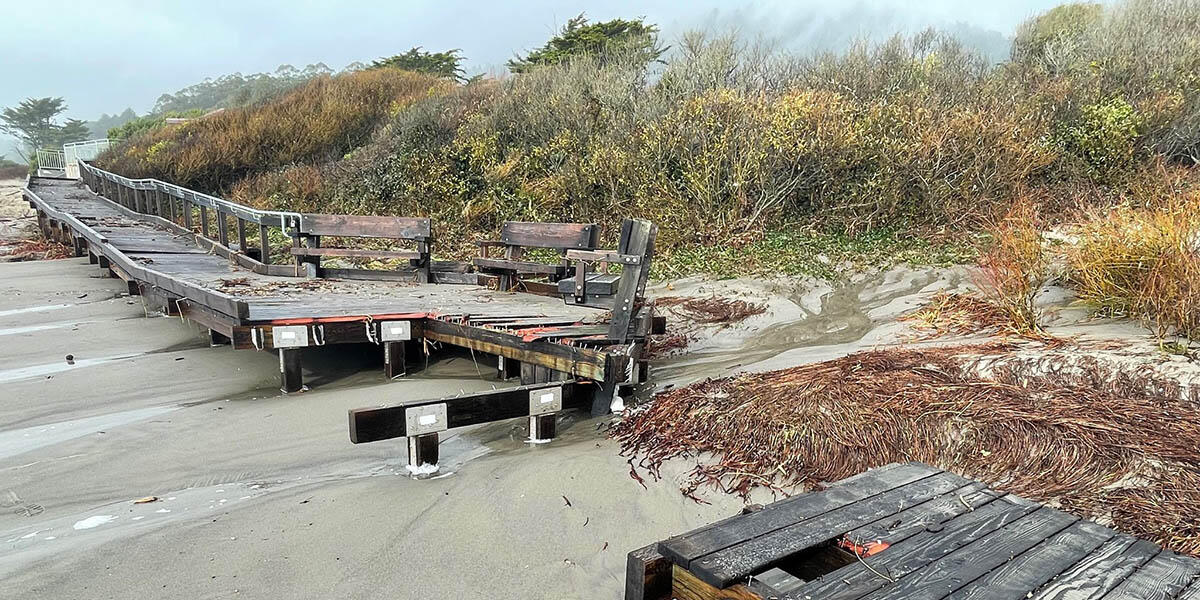 Stinson Beach damage following storms in early 2023. A broken boardwalk is seen at Stinson Beach following storms in early 2023.