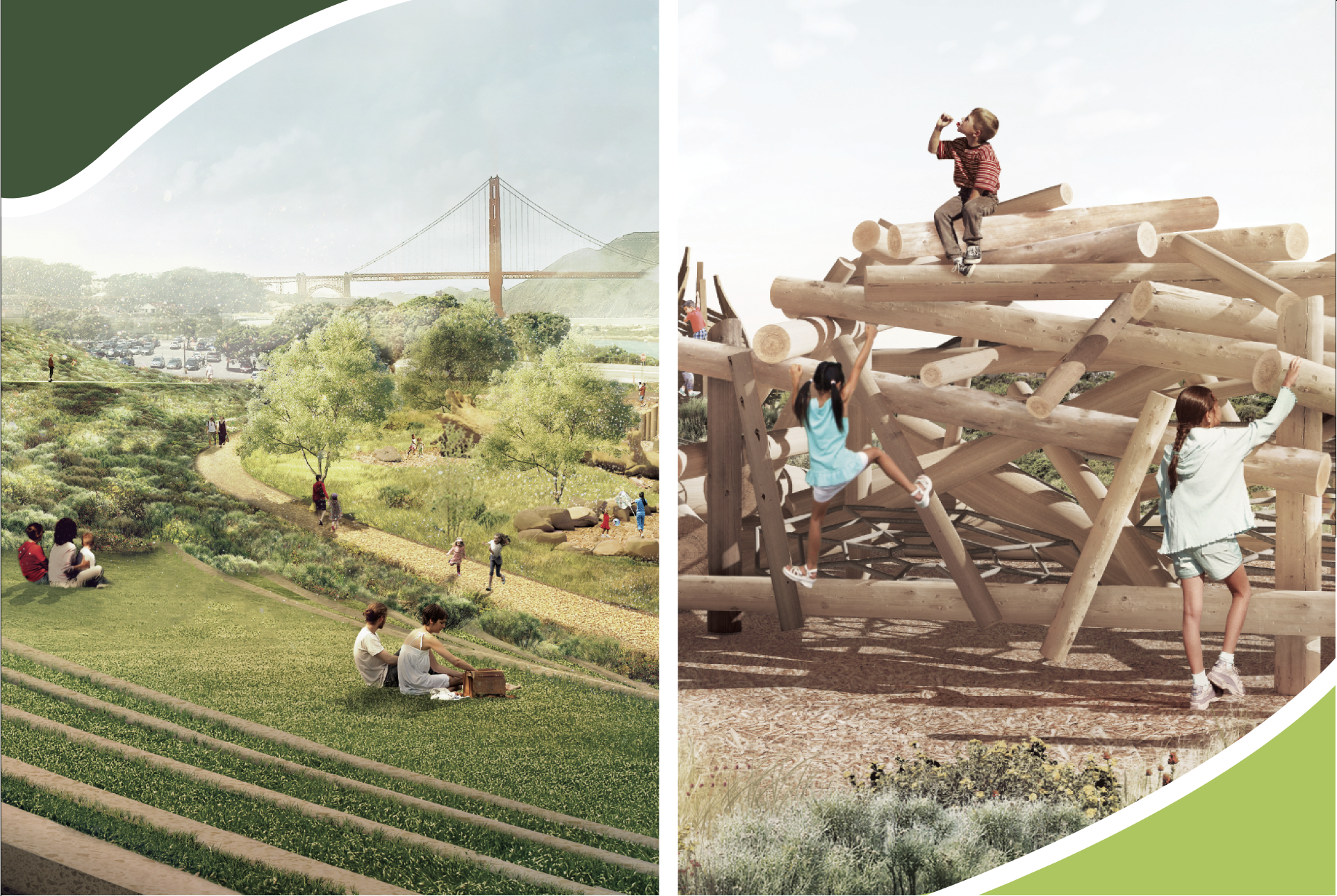 A graphic of a green space and children playing throughout it. The Golden Gate Bridge is visible in the background.