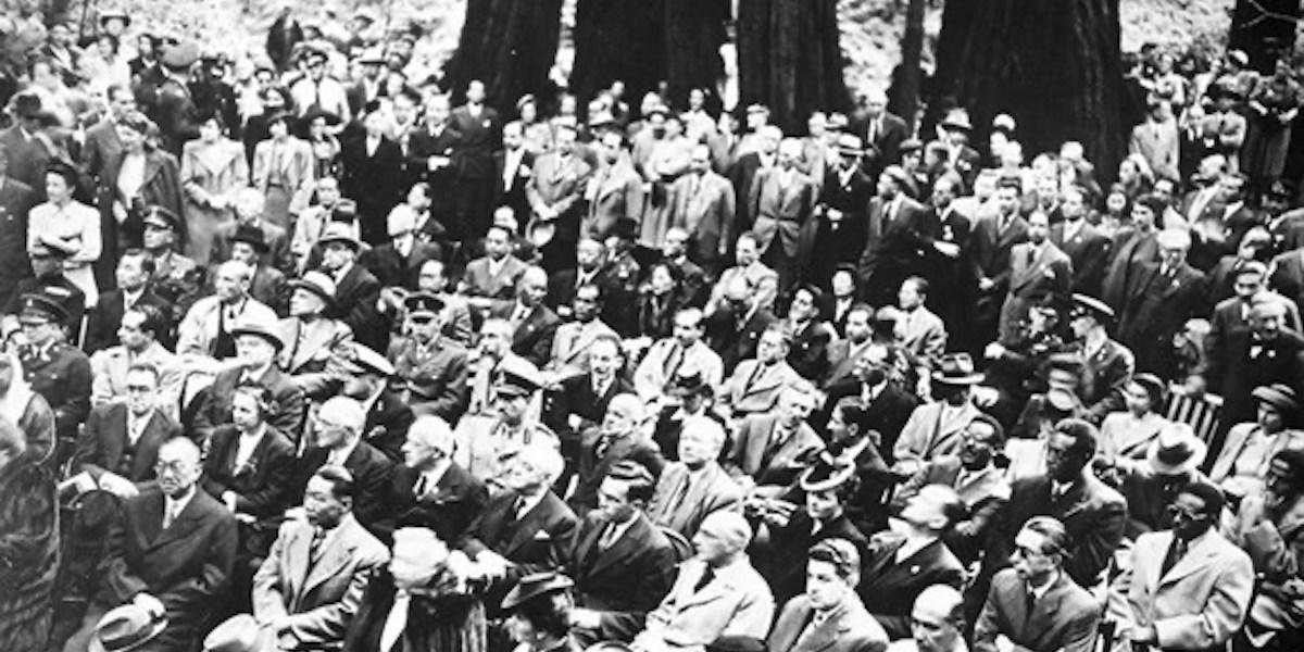 Historic image of dignitaries at Muir Woods to remember FDR. 