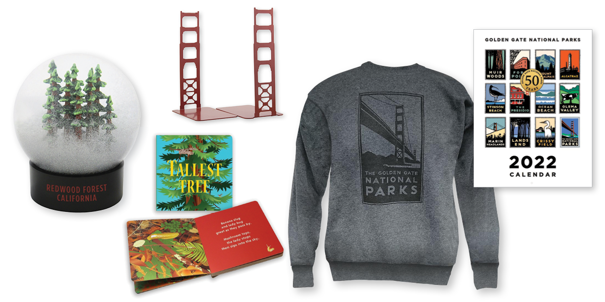 Several products including colorful 2022 calendar, Golden Gate Bridge bookends, trees board book. Several products including colorful 2022 calendar, Golden Gate Bridge bookends, trees board book.