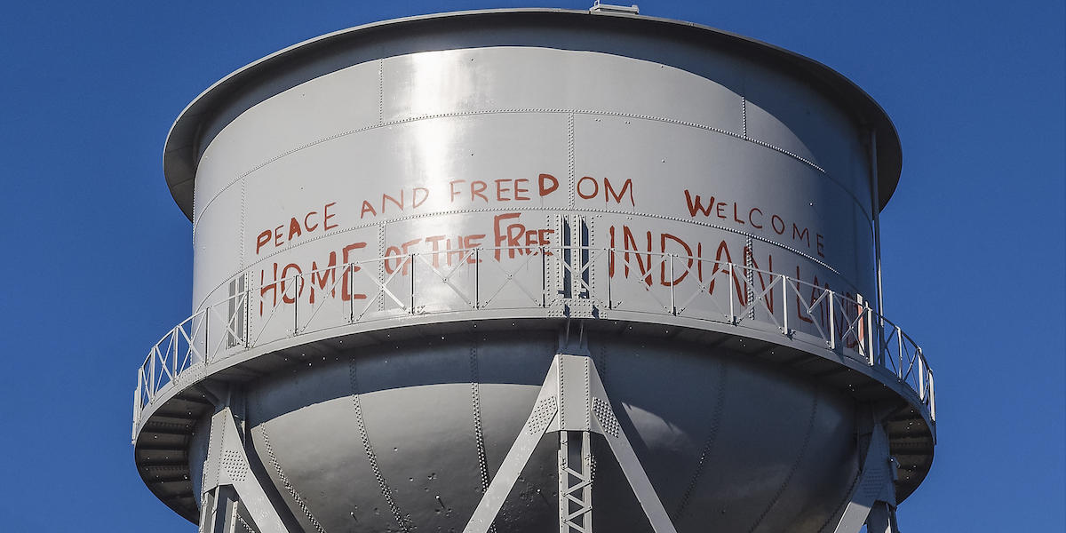 The Alcatraz water tower is a 250,000 gallon elevated steel water tank designed in 1939 by the Chicago Bridge and Iron Works. 