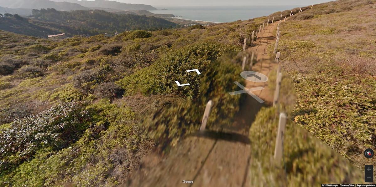Screenshot of Google Street View on a shrubbed hillside in Milagra Ridge