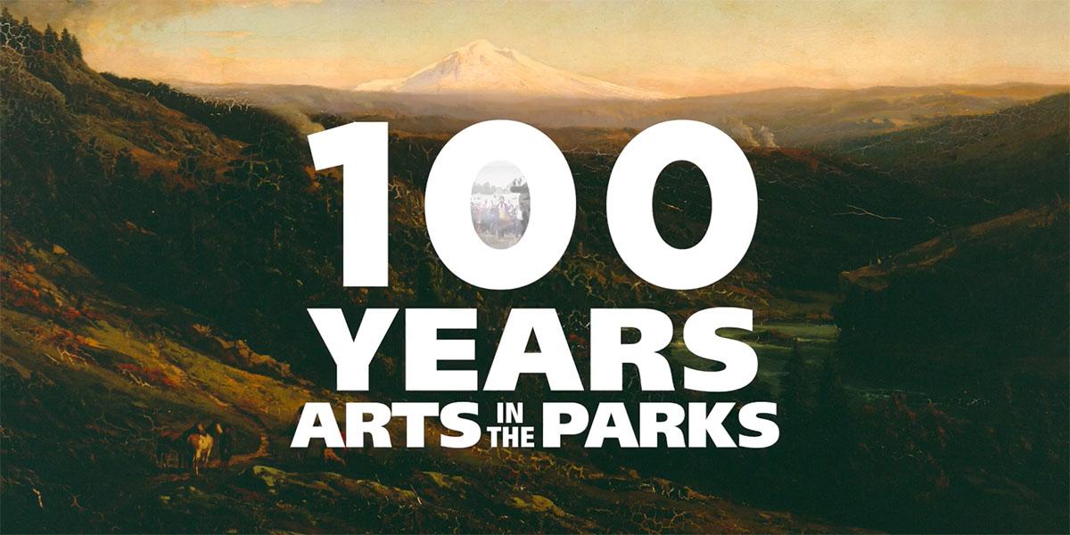 Video screenshot showing a landscape painting overlayed with the series title, "100 Years of Arts in the Parks"