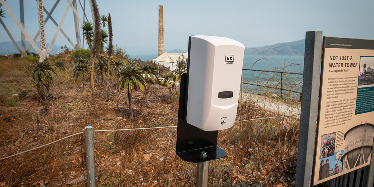 Hand sanitizer stations were in place throughout Alcatraz Island in fall 2020.