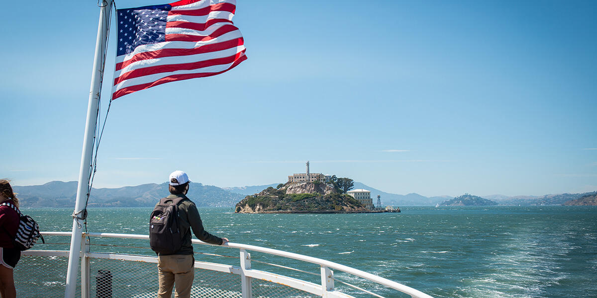 The view from the Alcatraz Cruises boat to Alcatraz Island.