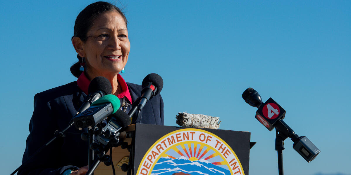 Secretary of the Interior, Deb Haaland, speaks at a press conference on Alcatraz Island.