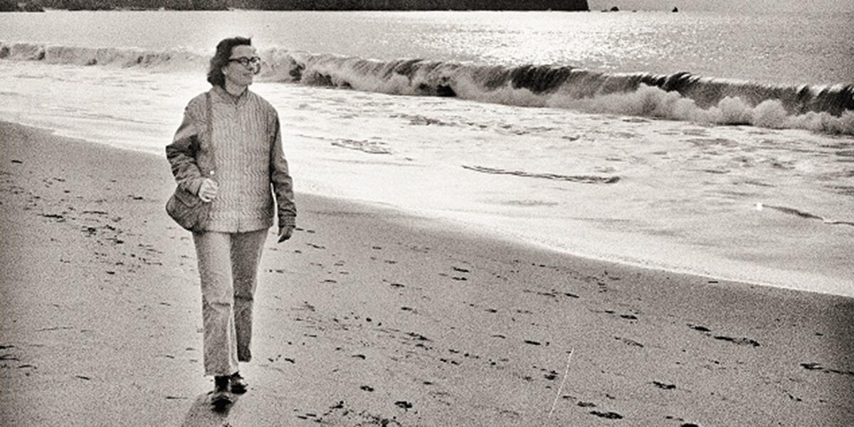 Amy Meyer walking on Baker Beach, 1973